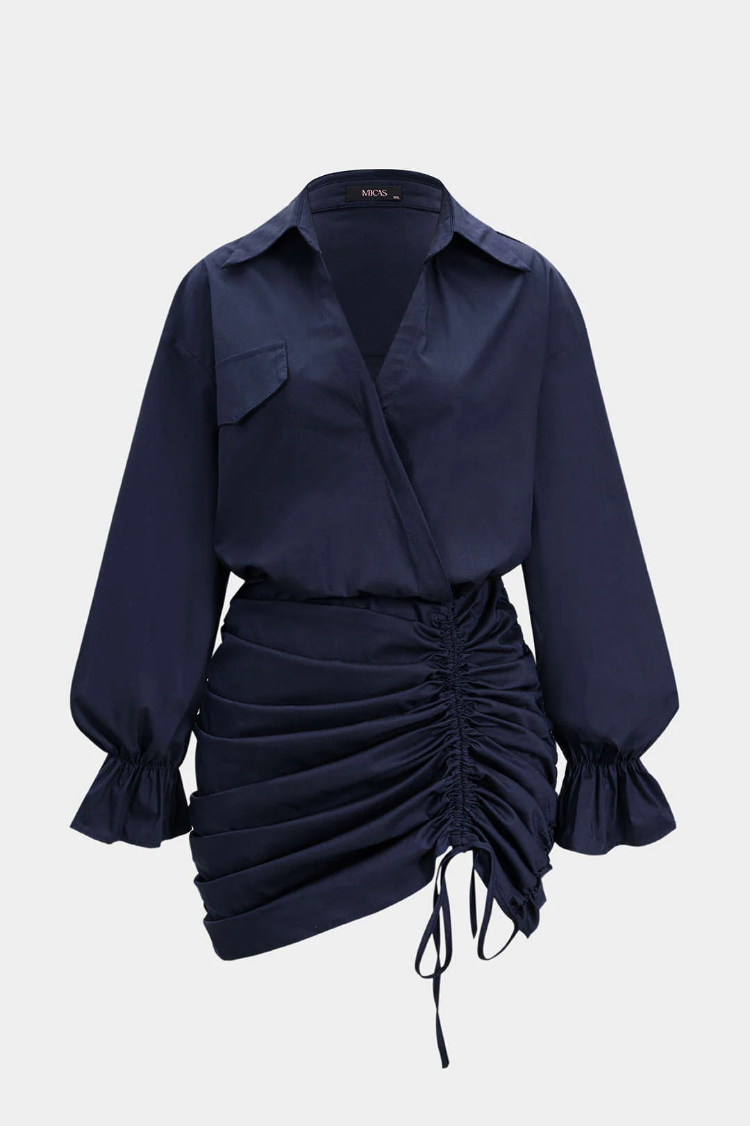 Plus Size Ruched V-Neck Drawstring Ruffle Long Sleeve Mini Dress - Flockneti