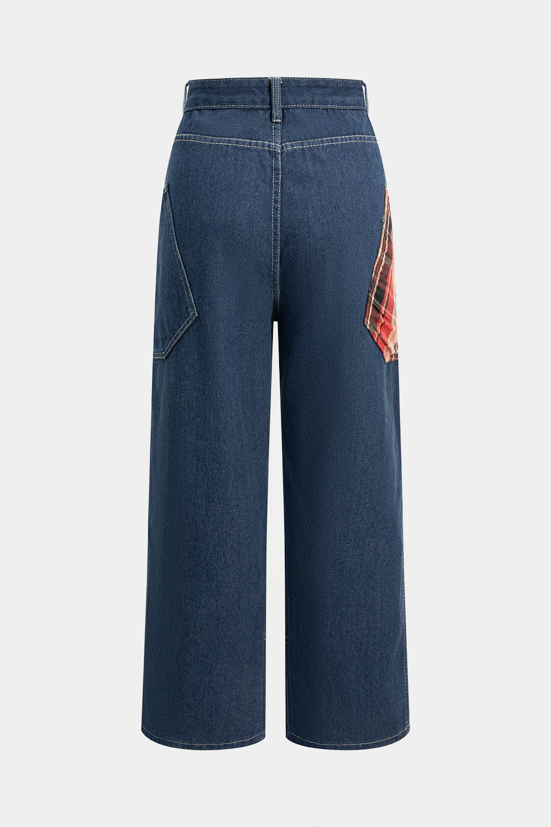 Denim Plaid Print Zipper Asymmetrical Straight Leg Jeans - Flockneti
