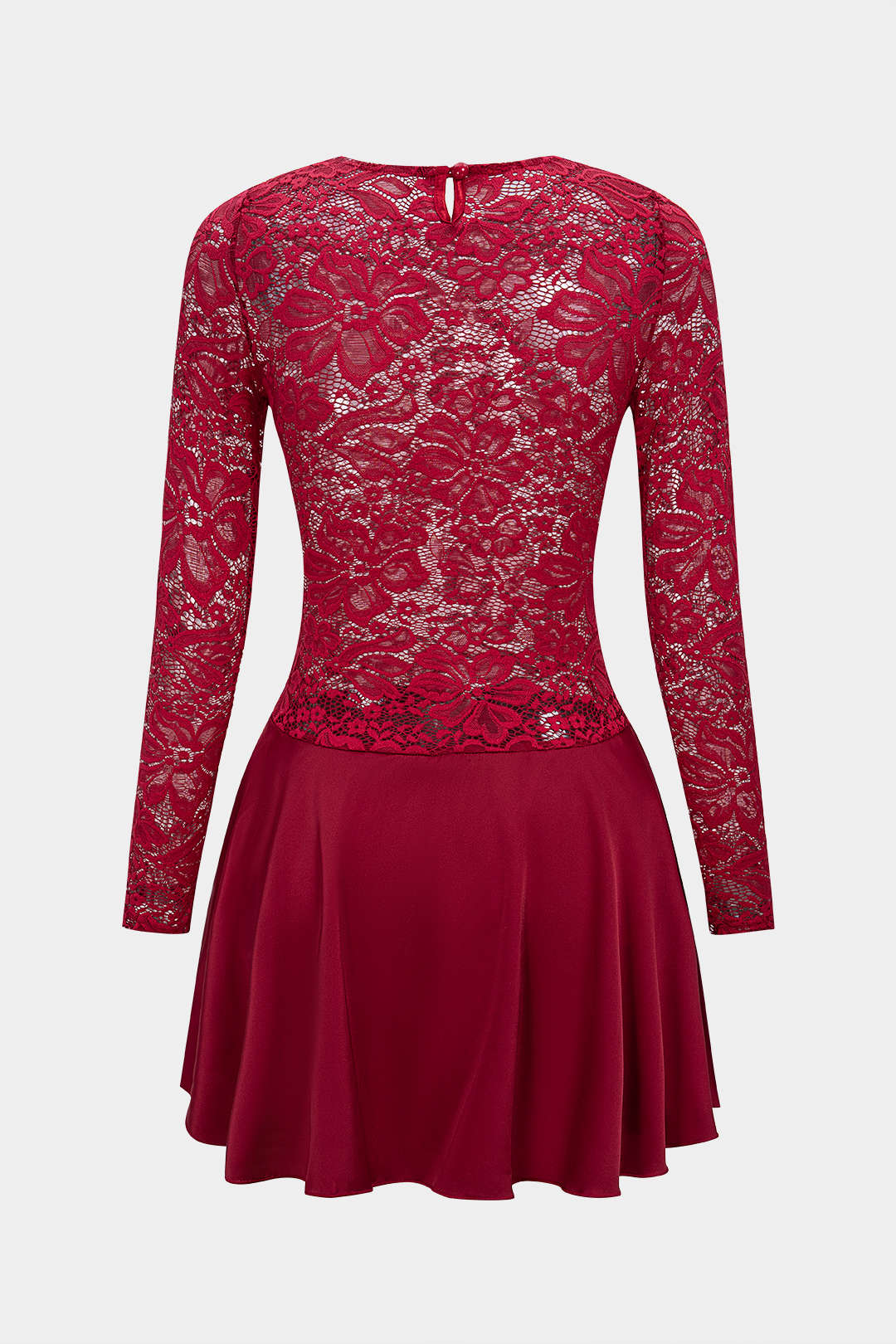 Lace Patchwork Satin Cut Out Long Sleeve Mini Dress - Flockneti