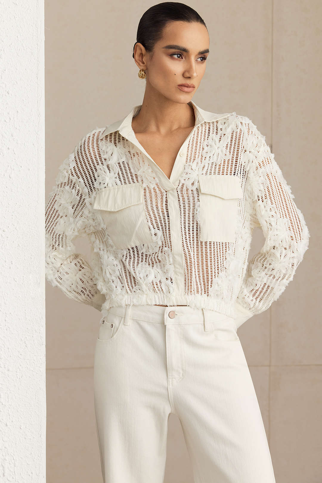 3D Flower Decor Button Cut Out Long-Sleeve Shirt - Flockneti