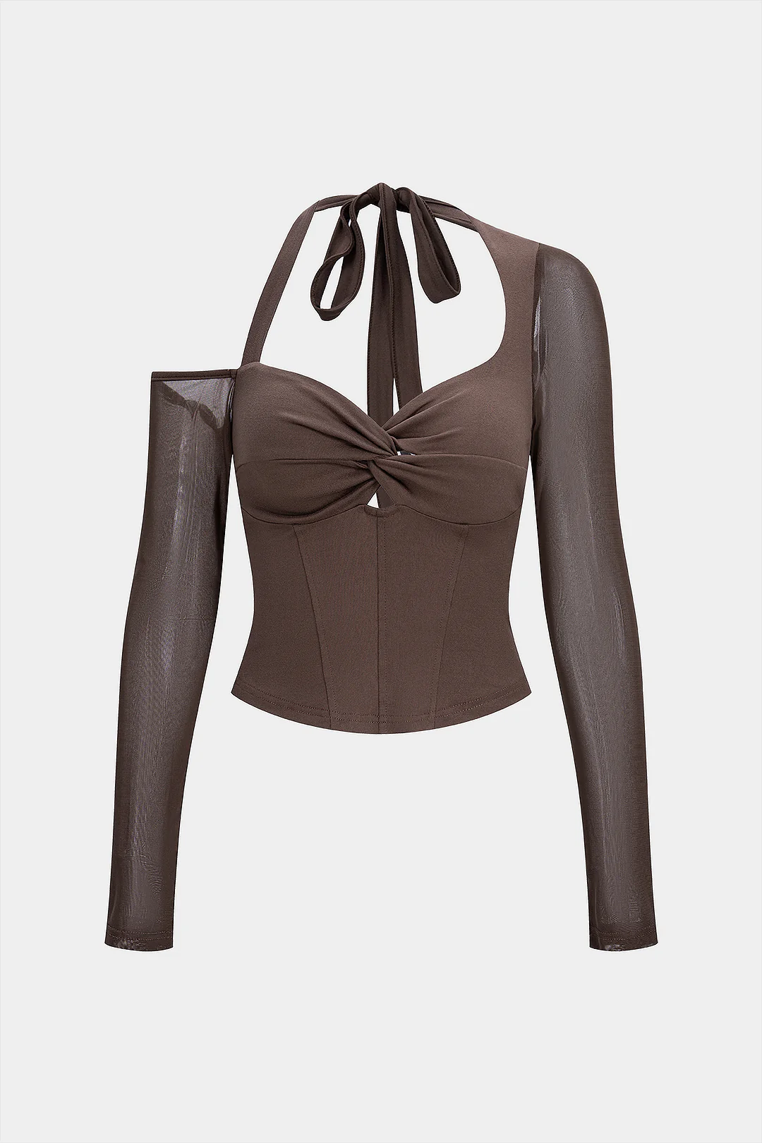 Halter Neck Tie-Back Asymmetrical Twist Knot Corset Long-Sleeve Top - Flockneti