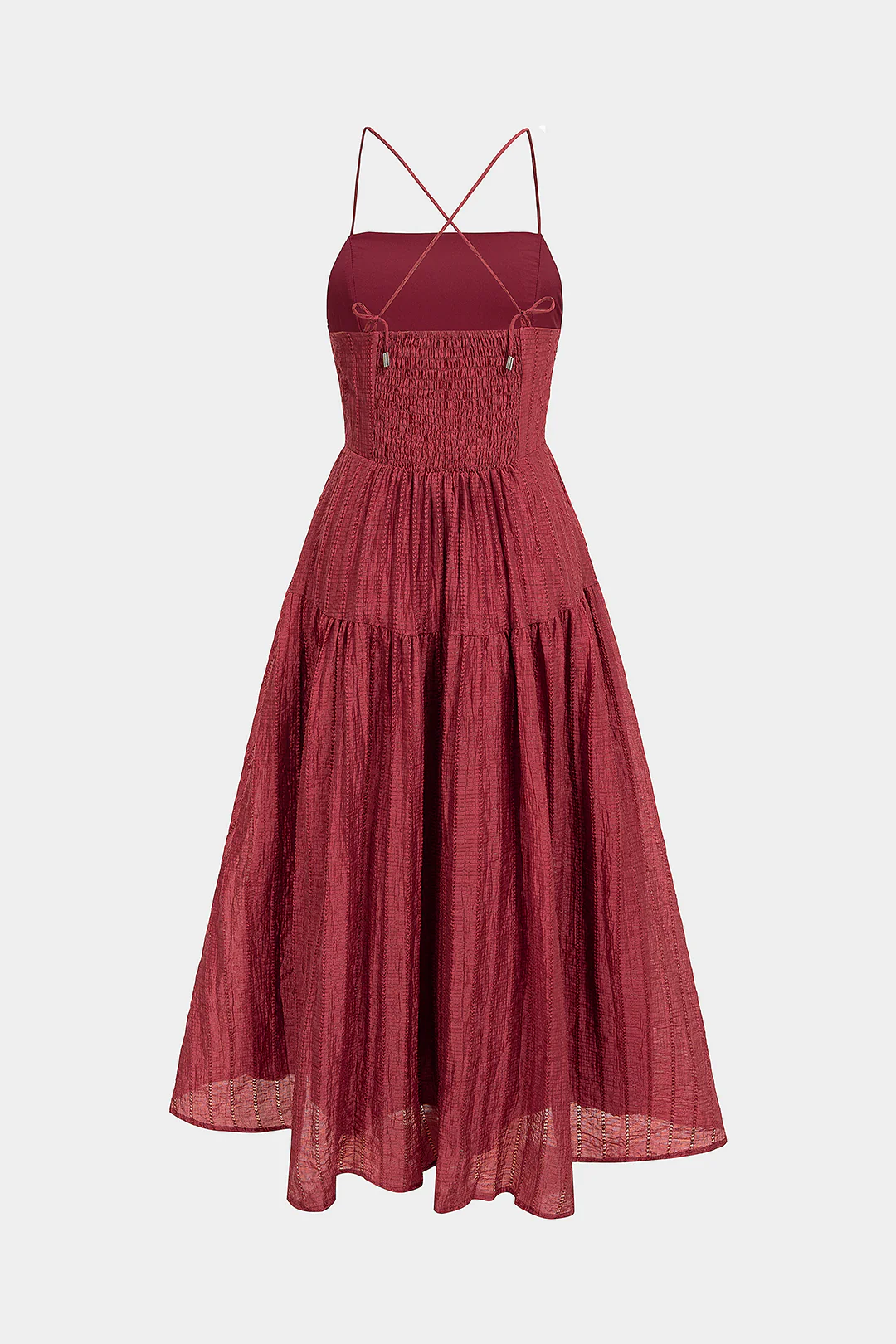 Textured Crossed Backless Smocked Sleeveless Midi Dress - Flockneti