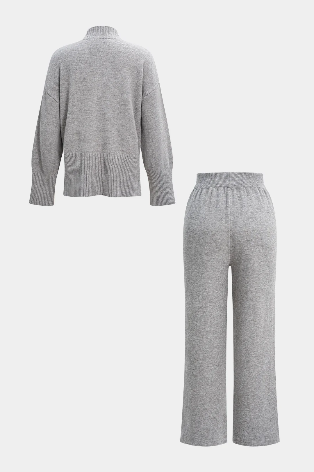 Knit Mock Neck Side Slit Long-Sleeve Top And Wide Leg Pants - Flockneti