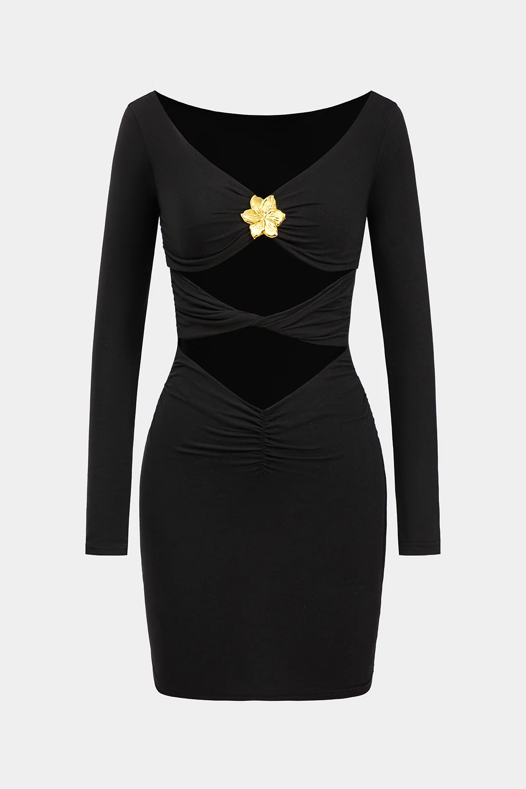 Metallic Flower Twist Knot Cut Out Long Sleeve Mini Dress - Flockneti