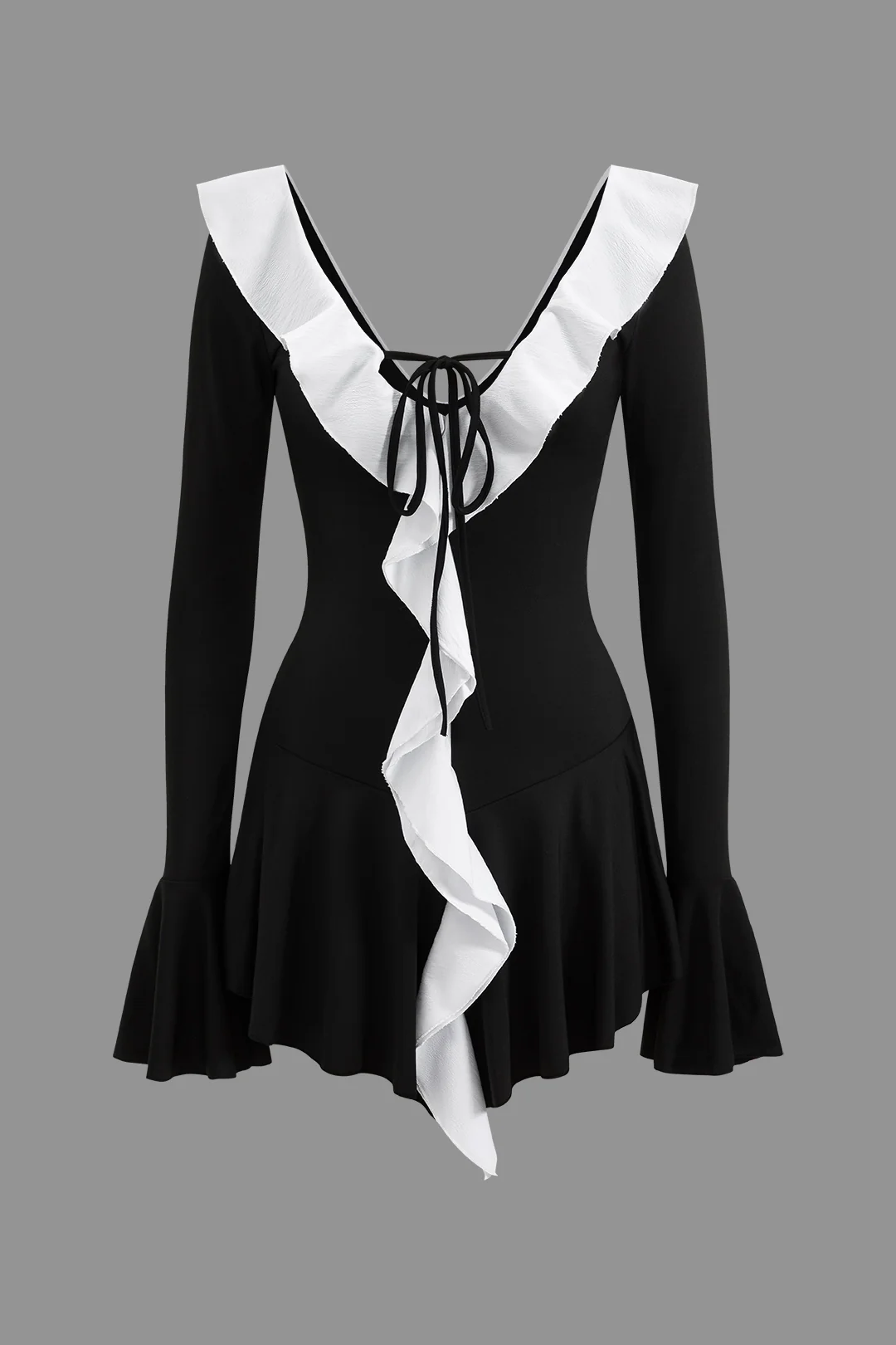 Contrast Ruffle Neck Tie Front Bell Sleeve Mini Dress - Flockneti