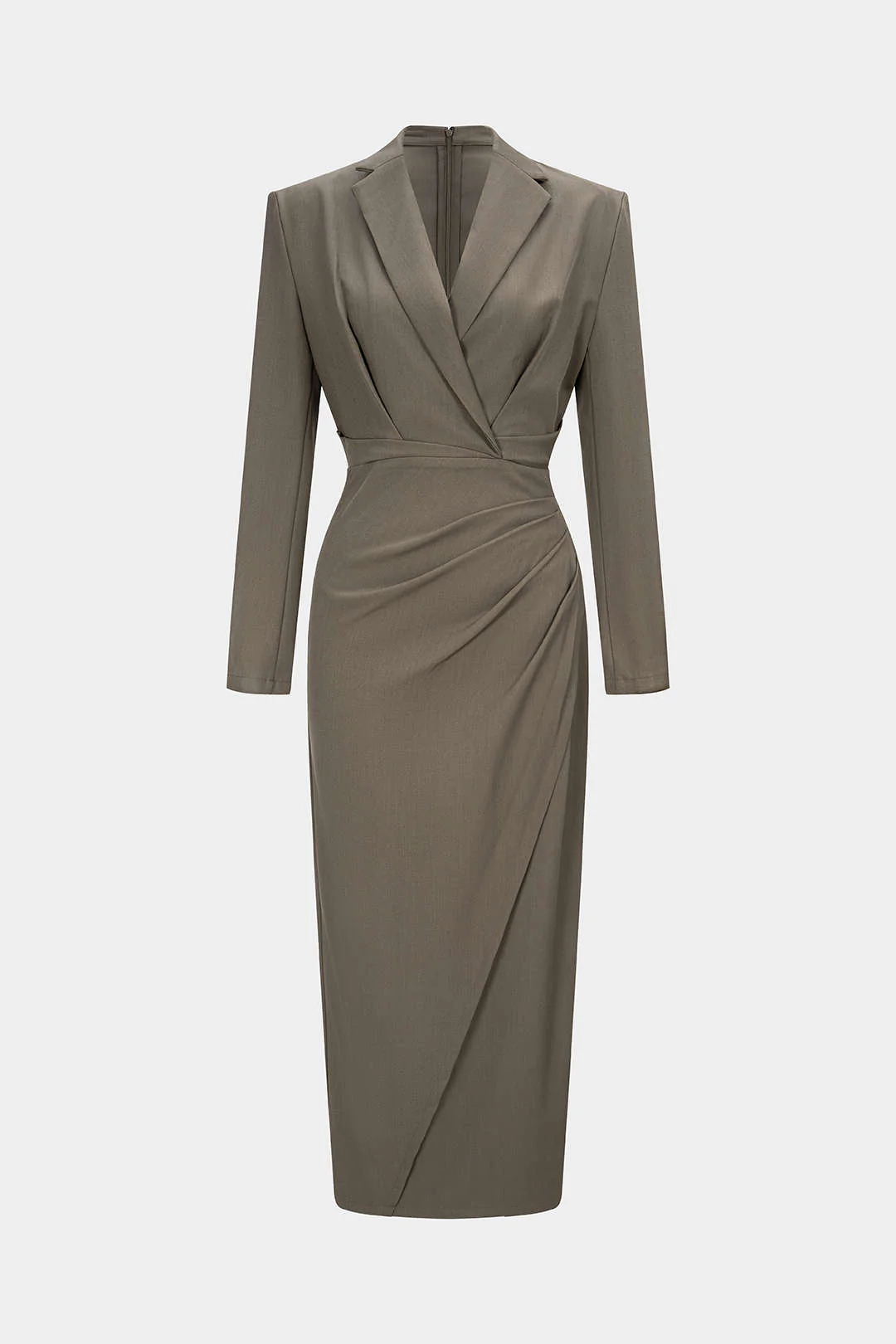 Ruched Notched Lapel Asymmetrical Long Sleeve Maxi Dress - Flockneti