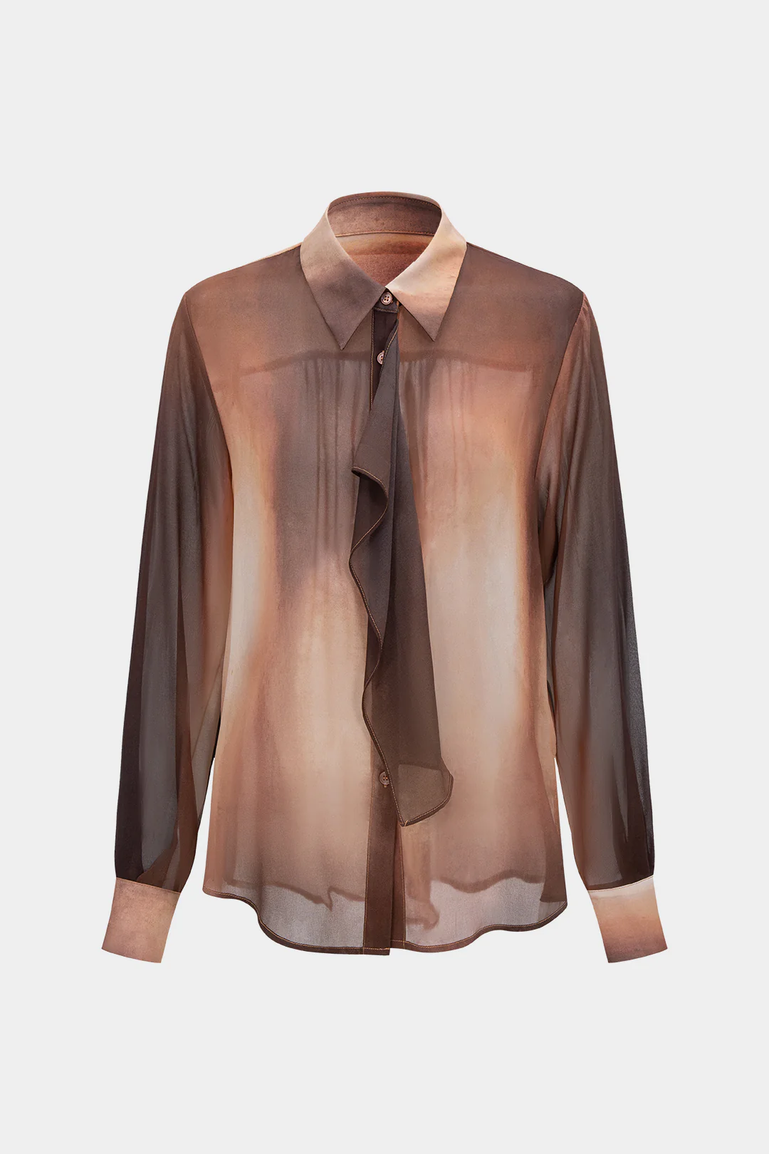 Tie Dye Ombre Print Chiffon Button Ruffle Long-Sleeve Top - Flockneti