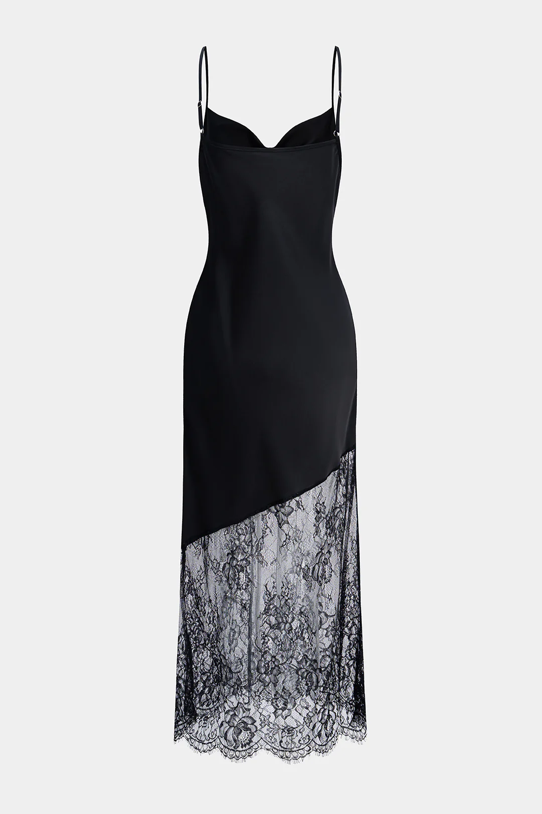 Satin Patchwork Lace Draped Cowl Neck Asymmetrical Sleeveless Slip Midi Dress - Flockneti