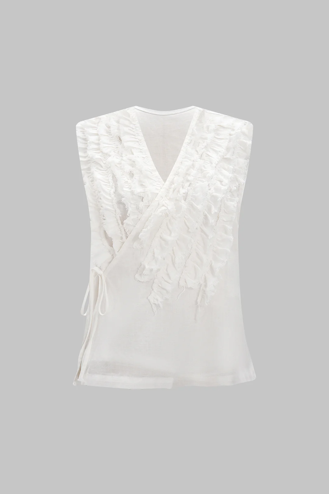 Frayed Ruffle Ruched Tie-Up Asymmetrical Vest - Flockneti