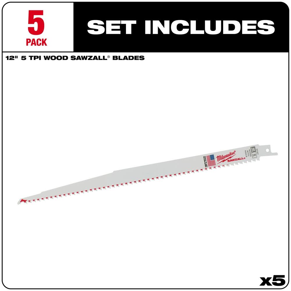 Milwaukee 12 in. 5 TPI SAWZALL Blades 5PK - Flockneti