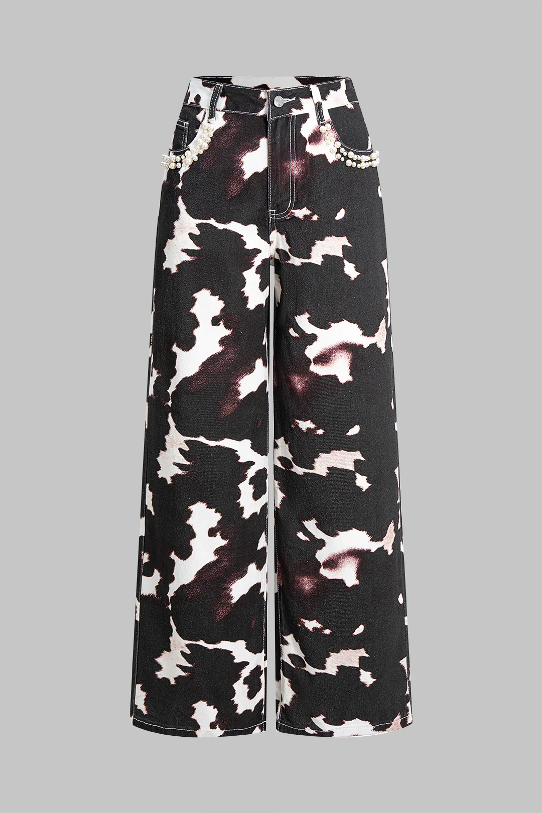 Denim Contrast Print Pearl Decor Jeans - Flockneti