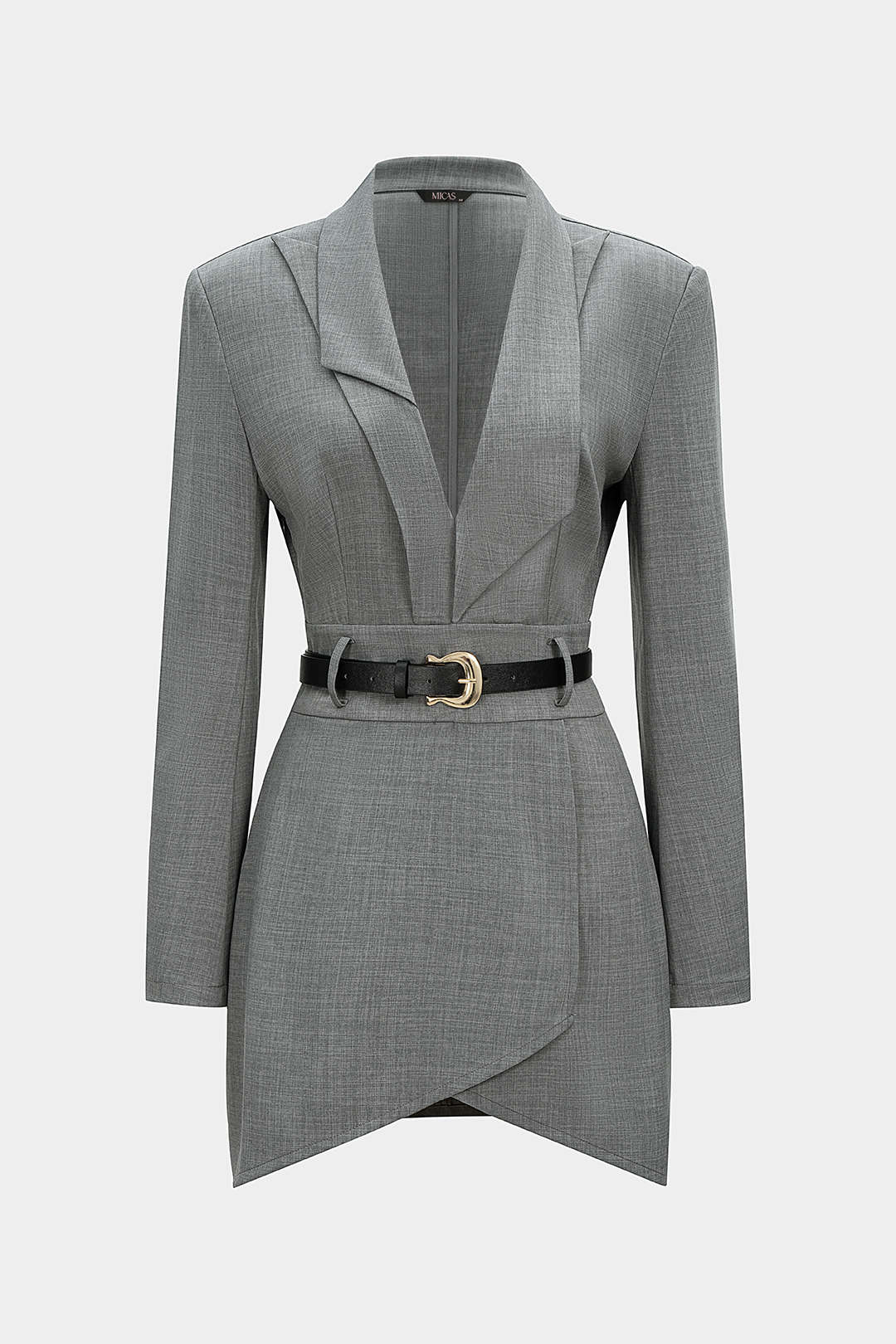 Asymmetrical Notched Lapel Belted Long Sleeve Mini Dress - Flockneti