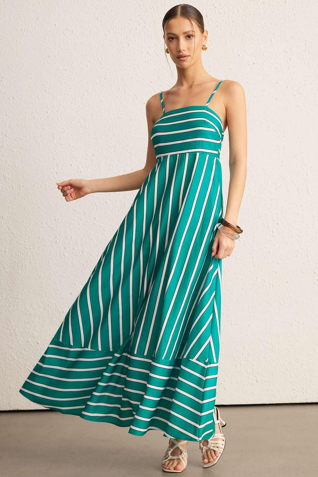 Stripes Print Backless Smocked Pocket Sleeveless Maxi Dress - Flockneti