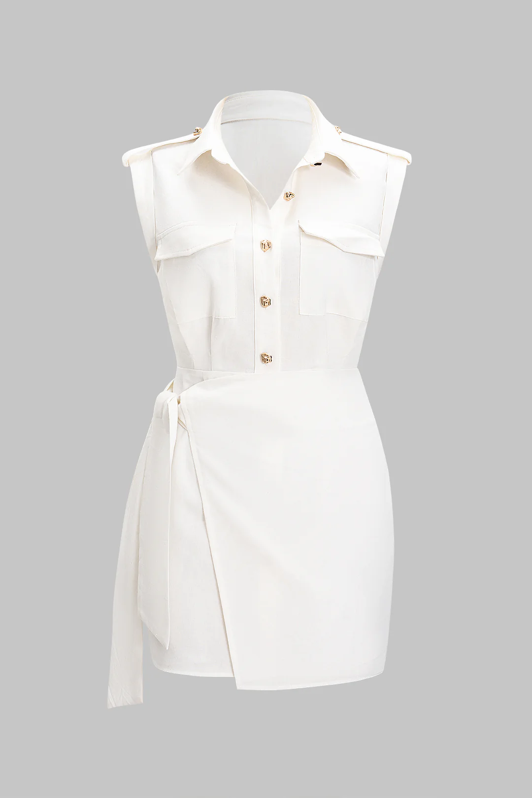 Linen Tie-Up Metallic Button Pocket Sleeveless Mini Dress - Flockneti