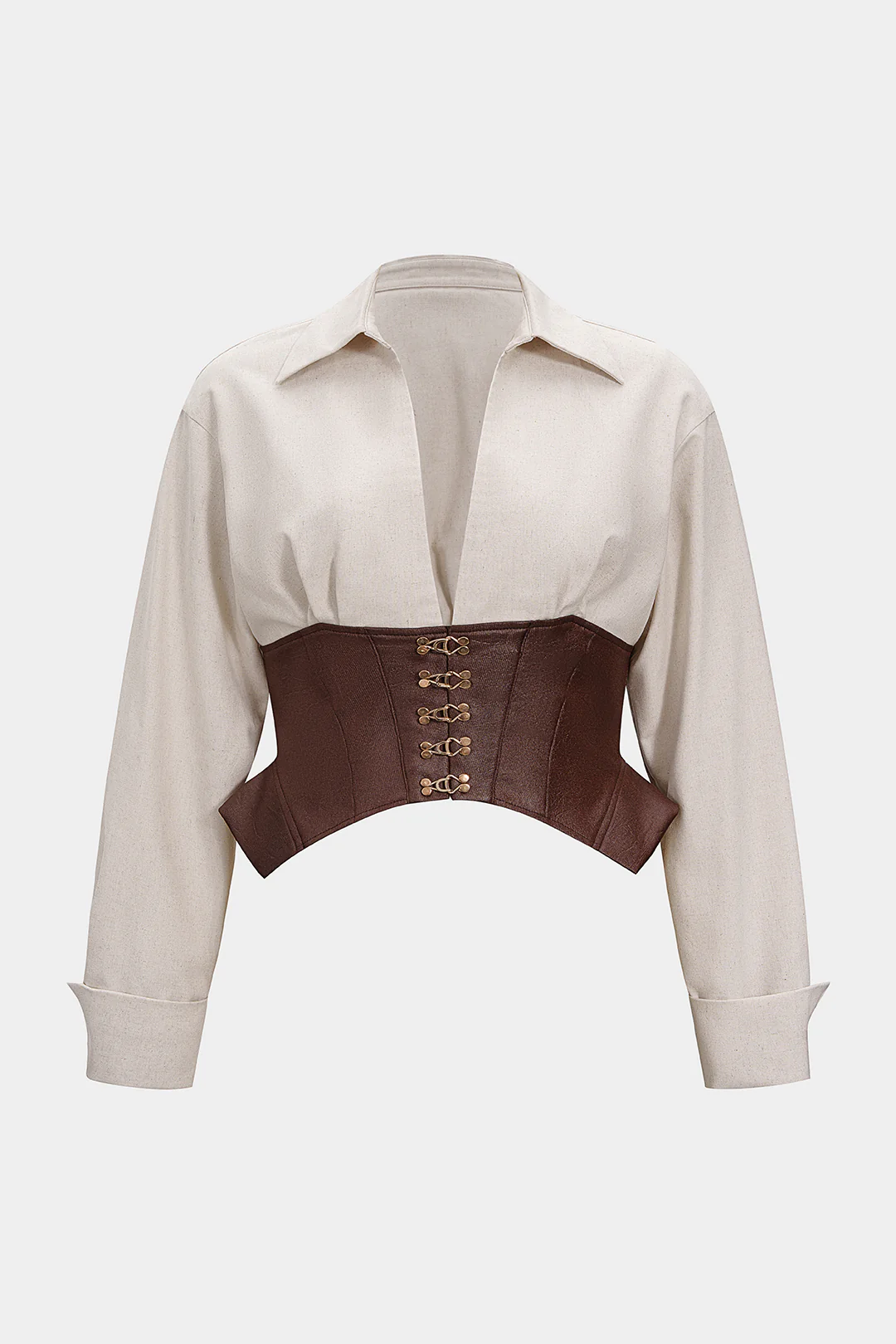 Plus Size Faux Leather Patchwork Linen Metallic Long-Sleeve Shirt - Flockneti