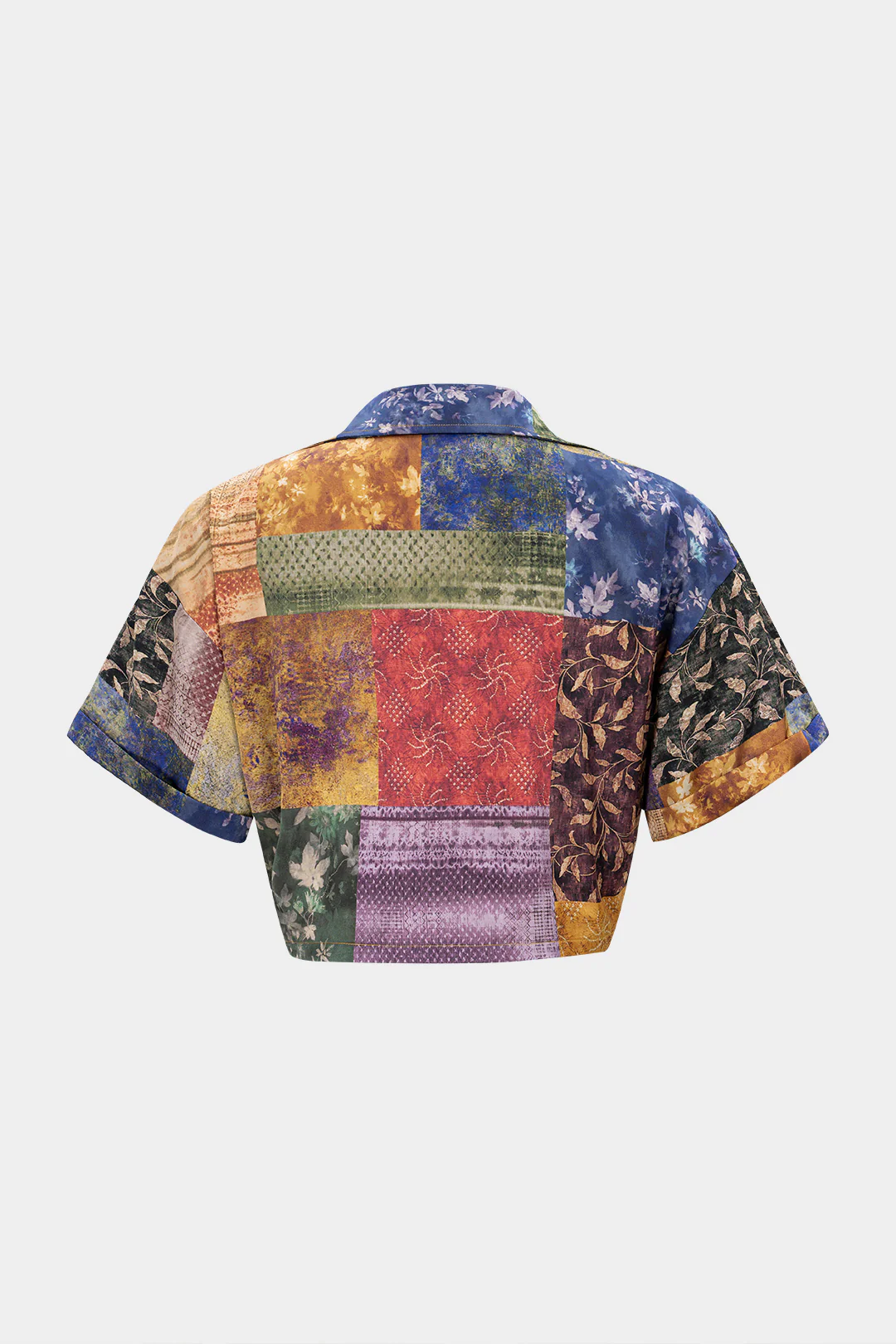 Patchwork Print Satin V-Neck Ruched Short Sleeve Top - Flockneti