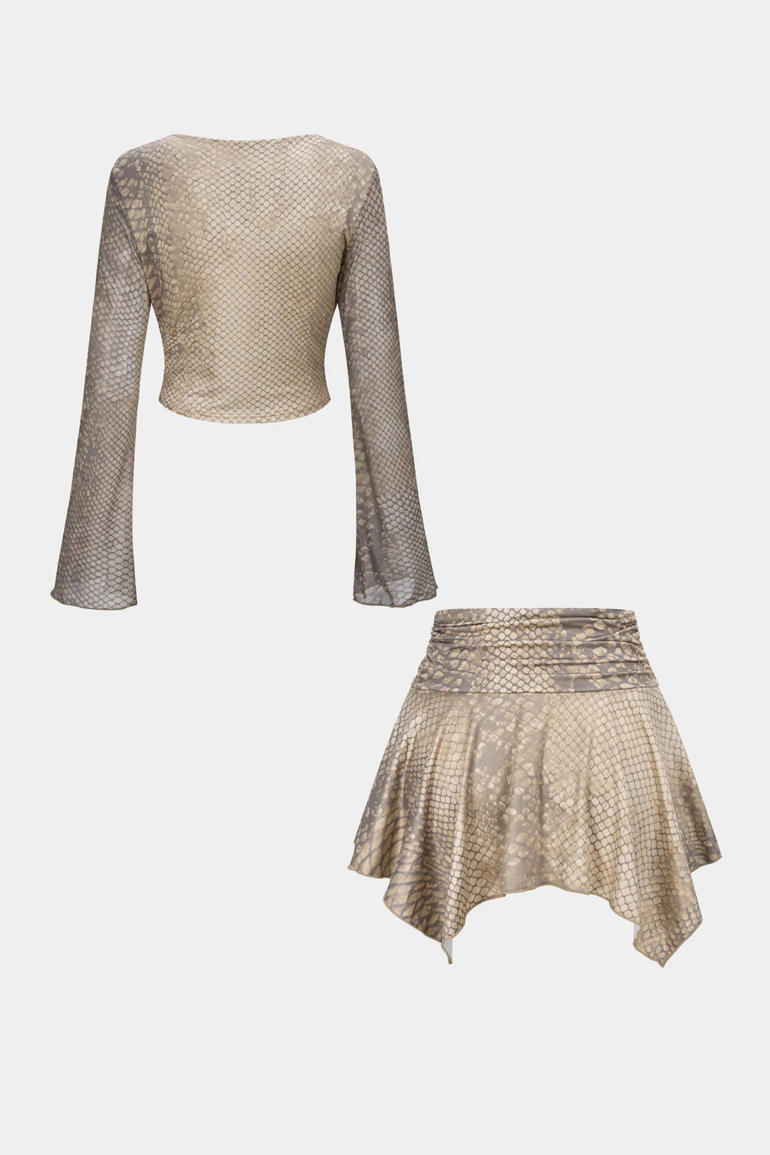 Snake Skin Print Draped Cowl Neck Long Sleeve Top And Irregular Hem Skirt Set - Flockneti