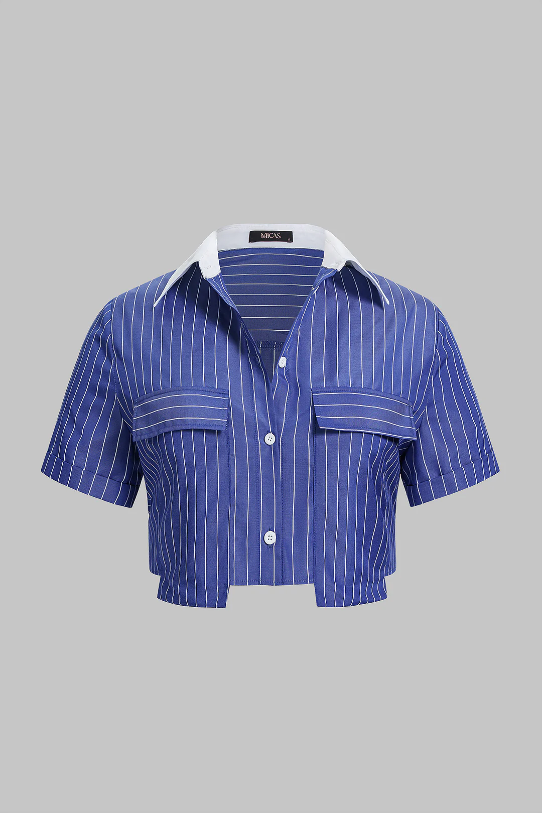 Plus Size Striped Lapel Short Sleeves Cropped Shirt - Flockneti