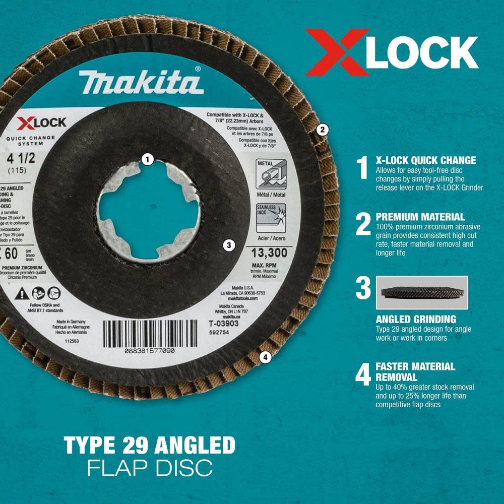Makita X-LOCK 41/2″ 40 Grit Type 29 Angled Grinding and Polishing Flap Disc for X-LOCK and All 7/8″ Arbor Grinders - Flockneti