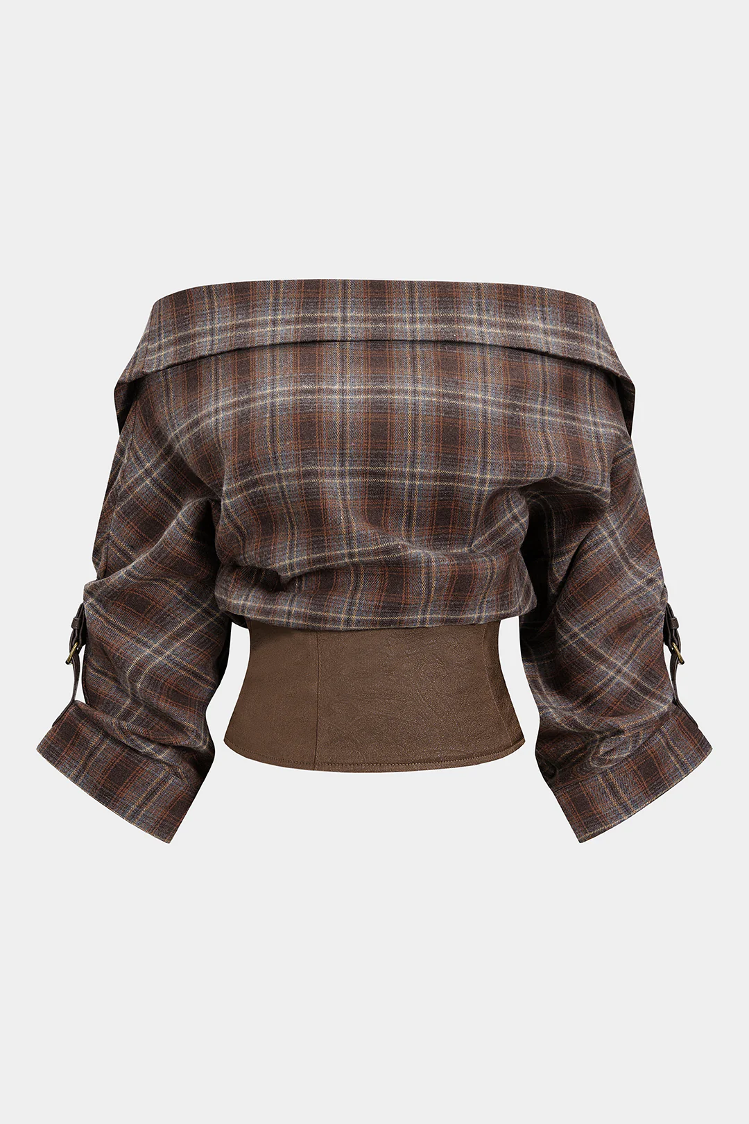 Plaid Print Satin Patchwork Off Shoulder Zipper Long-Sleeve Shirt - Flockneti