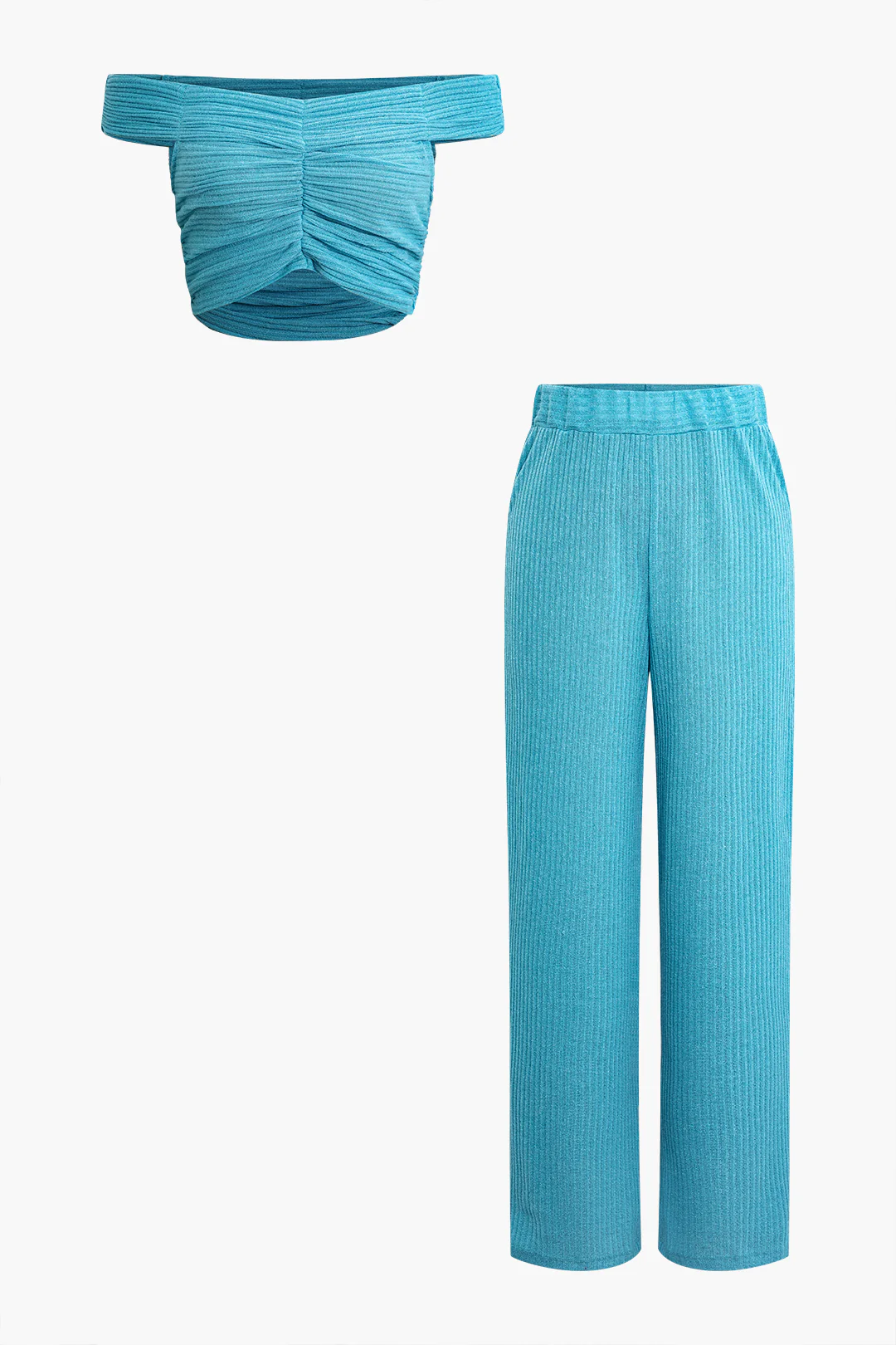 Off Shoulder Ruched Top And Wide Leg Pants Set - Flockneti