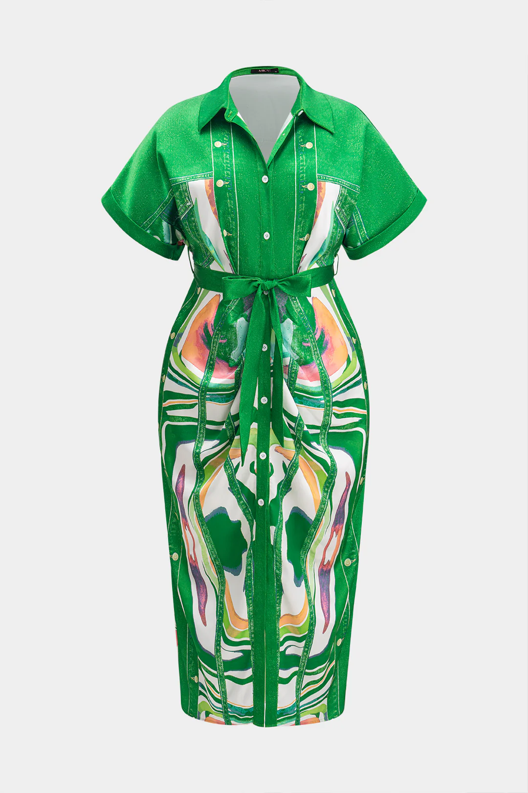 Plus Size Abstract Print Satin Tie Front Button Ruched Short Sleeve Midi Dress - Flockneti
