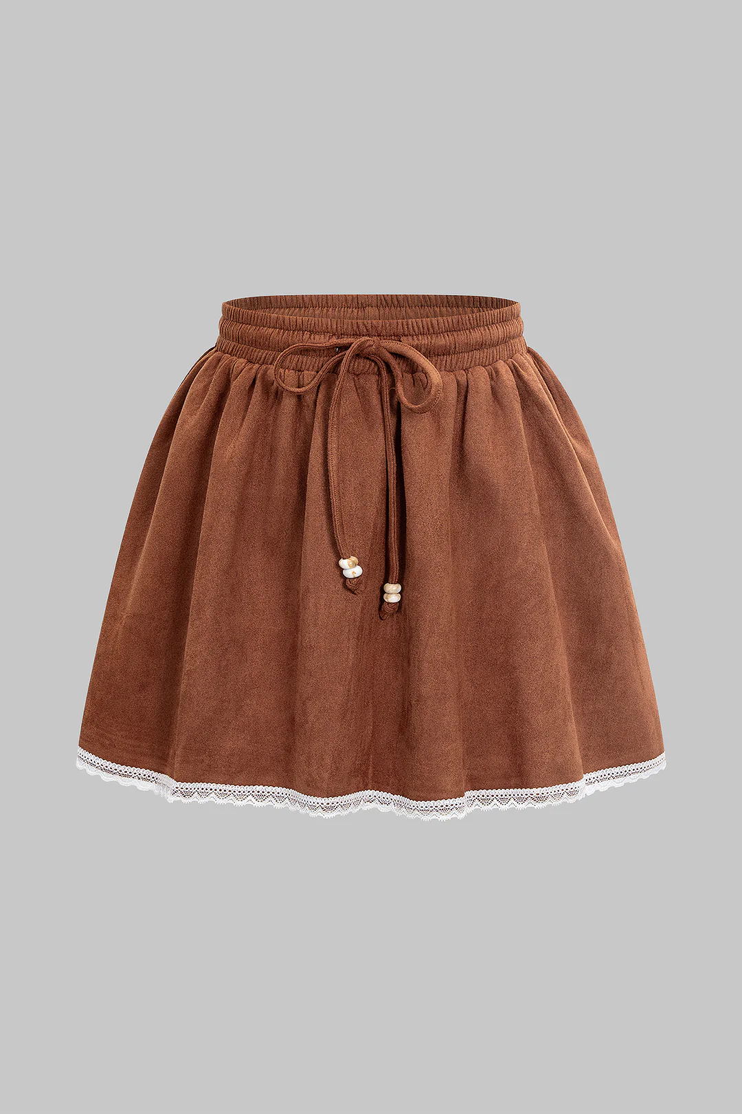 Lace Trim Patchwork Suede Tie-Up Puff Mini Skirt - Flockneti