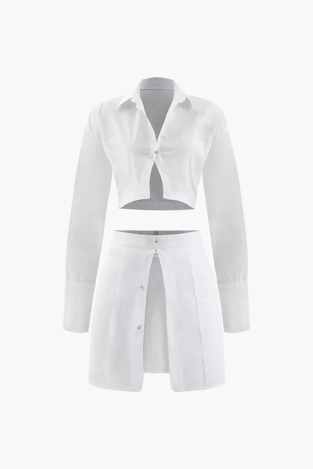 Solid Button Long Sleeve Shirt And Split Skirt Set - Flockneti