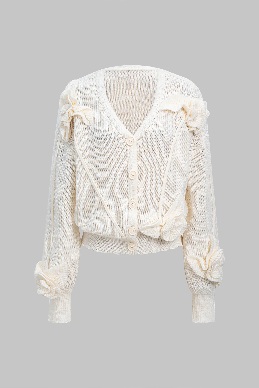 Wool 3D Floral V-Neck Cardigan - Flockneti