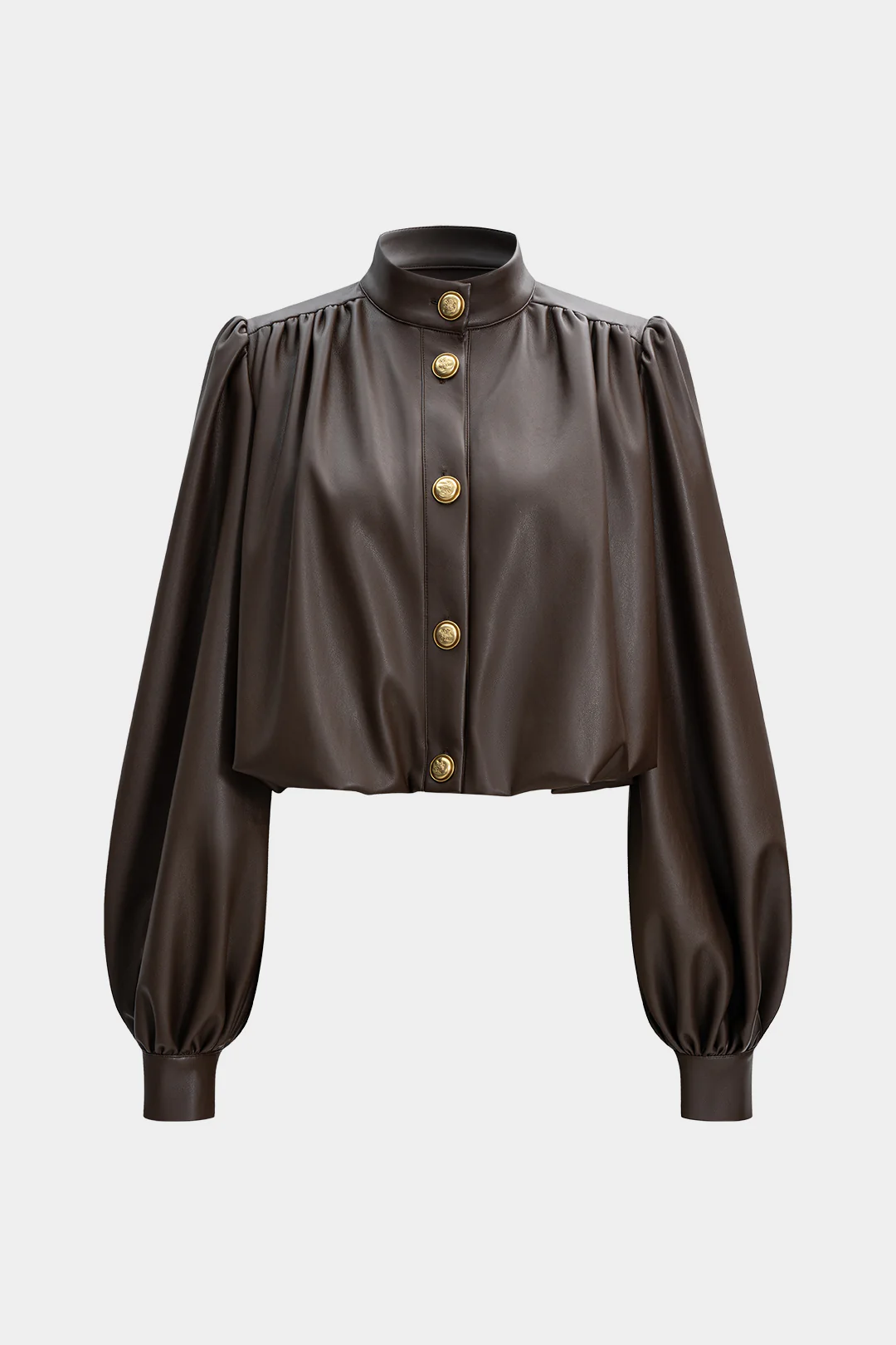 Faux Leather Mock Neck Metallic Button Ruched Jacket - Flockneti
