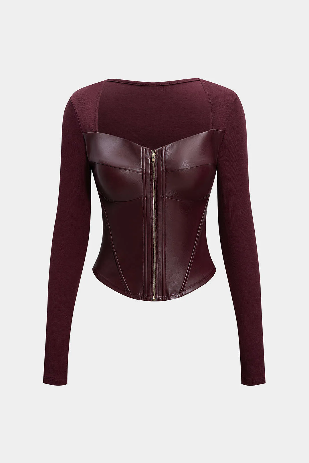 Faux Leather Zipper Patchwork Long-Sleeve Top - Flockneti