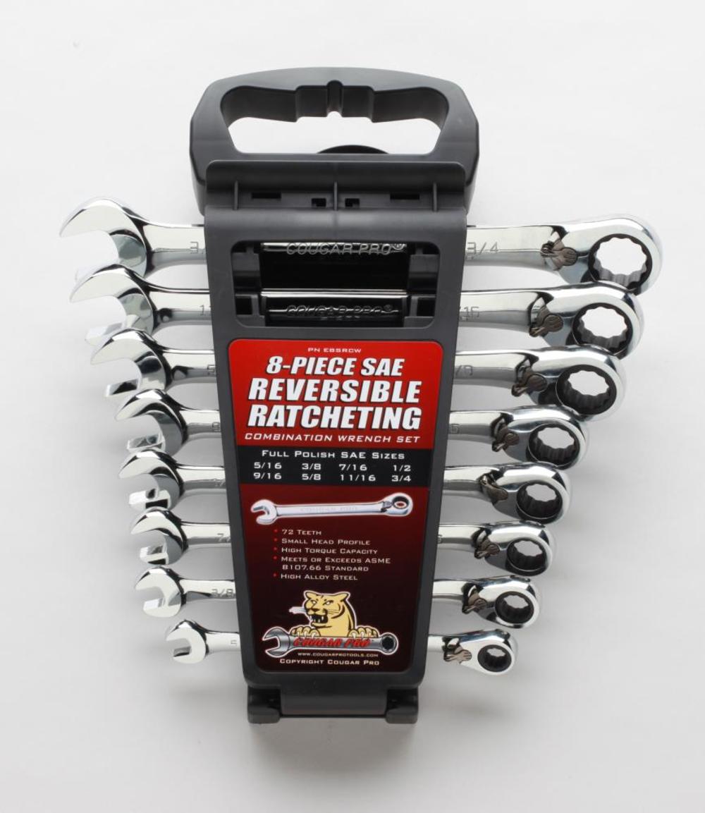 Cougar Pro 8 pc. SAE Full Polish Ratcheting Combination Wrench Set (5/16″ to 3/4″) - Flockneti