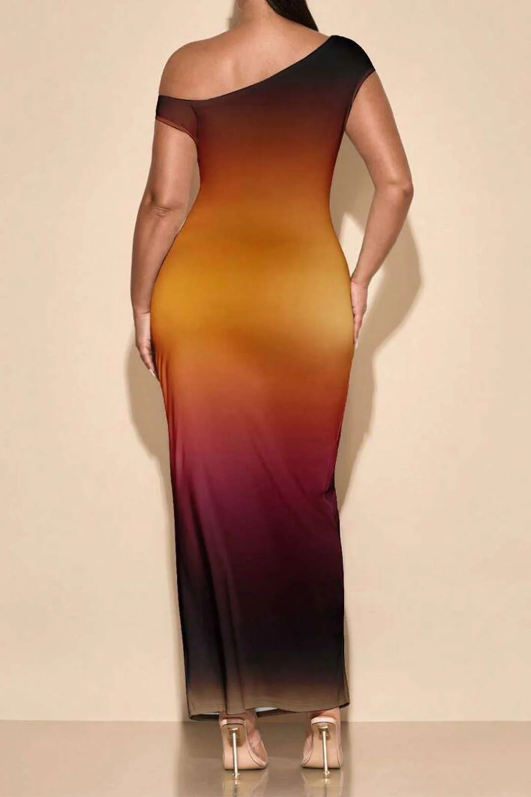 Plus Size Ombre Print Mesh Asymmetrical Sleeveless Maxi Dress - Flockneti