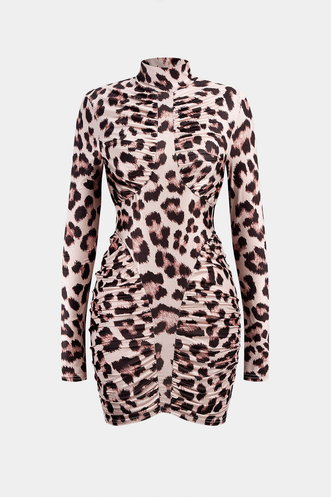 Mocke Neck Leopard Print Backless Ruched Long Sleeve Mini Dress - Flockneti