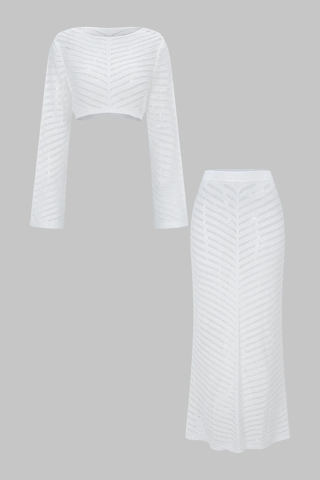 Round Neck Hollow Out Long Sleeve Cover Up And High Waist Skirt Set - Flockneti