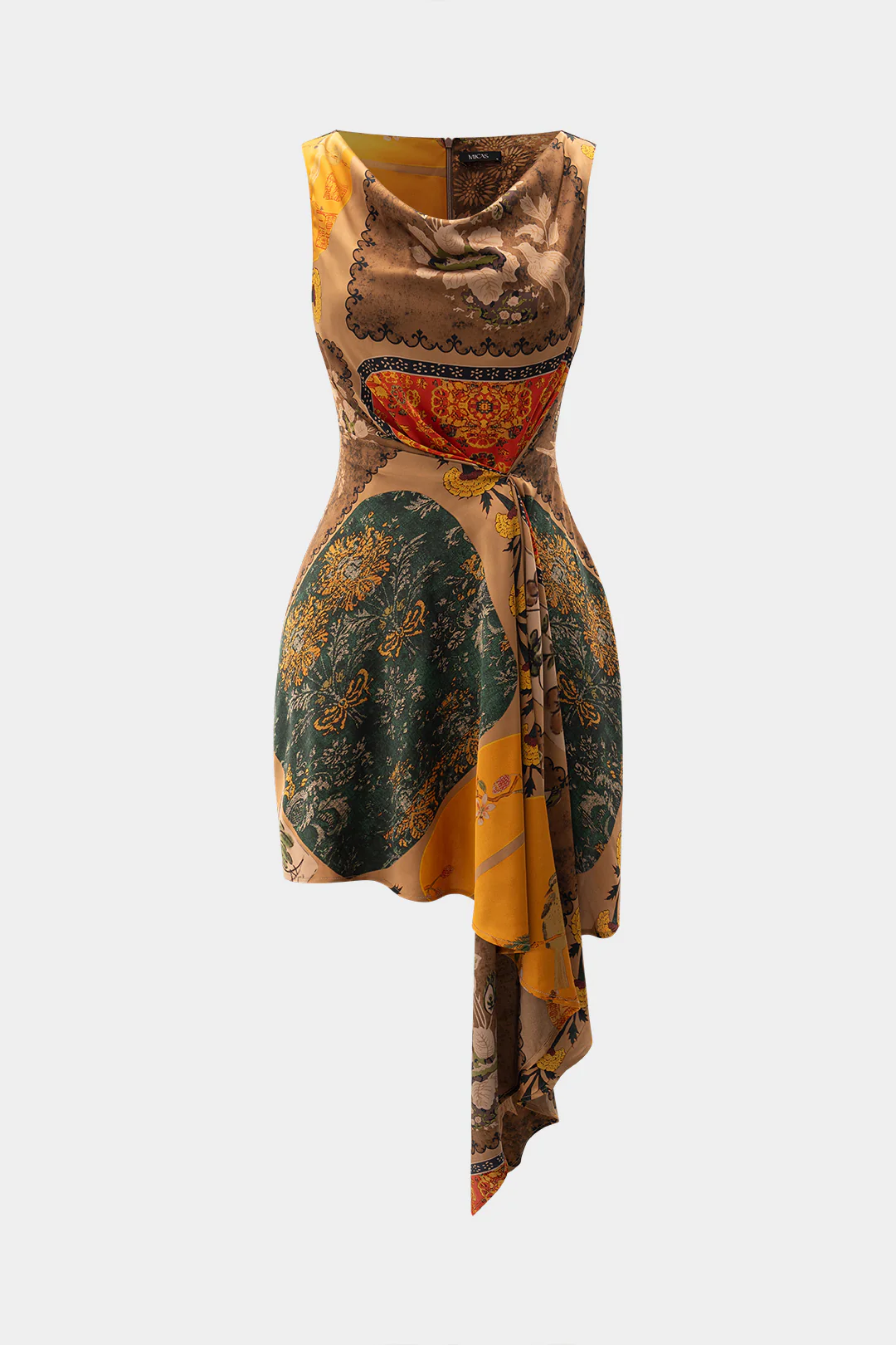 Floral Print Tie Front Zipper Sleeveless Mini Dress - Flockneti