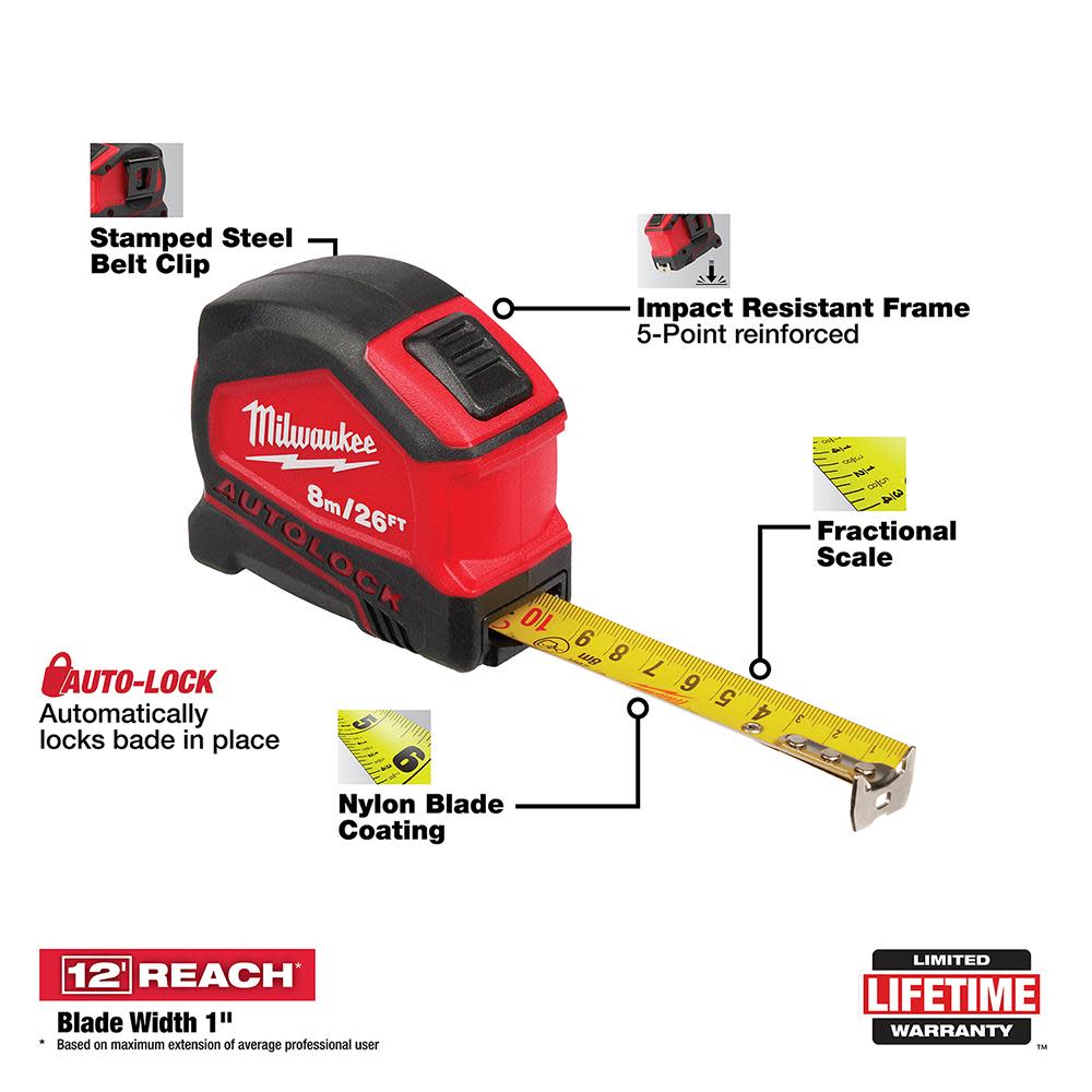 Milwaukee 8m/26′ Compact Auto Lock Tape Measure - Flockneti