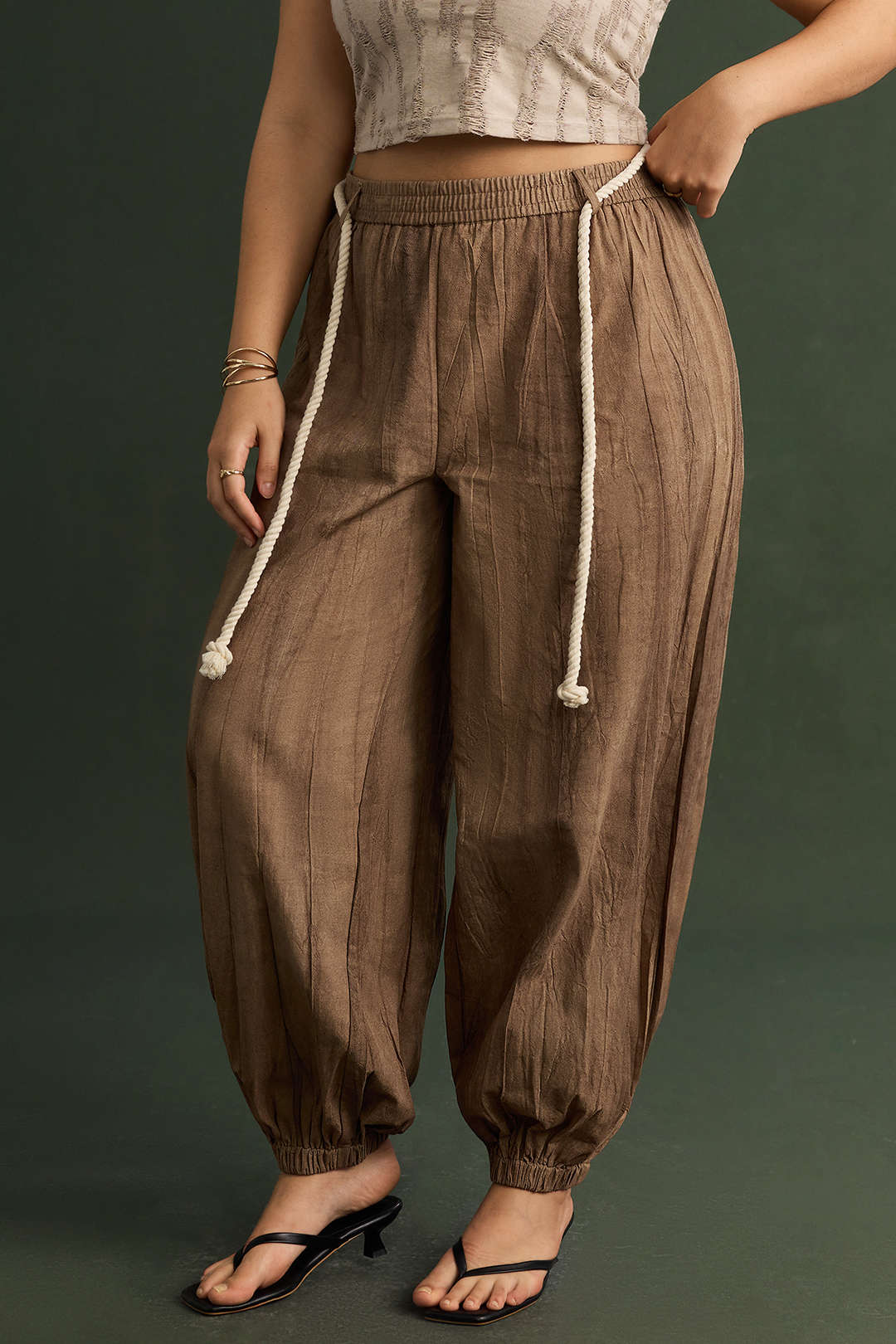 Plus Size High Waist Ruched Belted Trousers - Flockneti