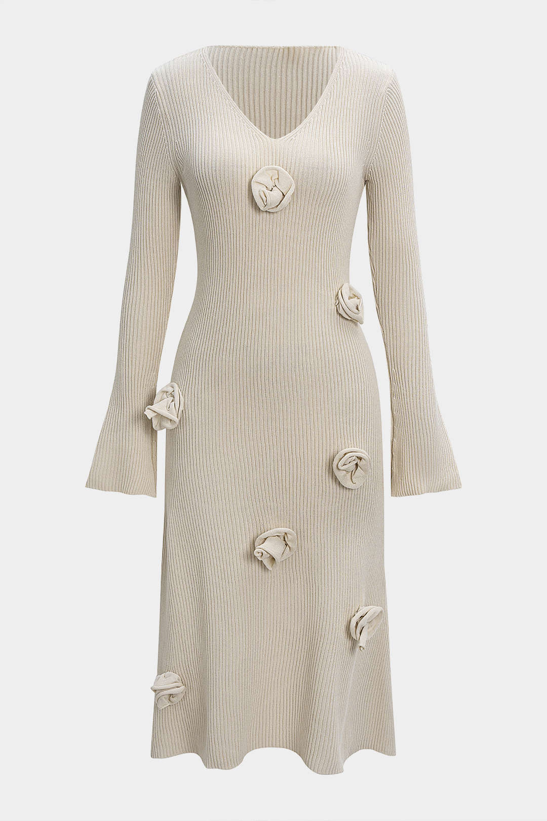 Knit V-Neck Ribbed Long Sleeve Dress - Flockneti