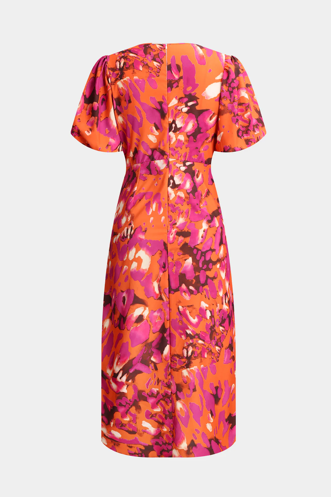 Watercolor Print Pleated V-Neck Puff Short Sleeve Midi Dress - Flockneti