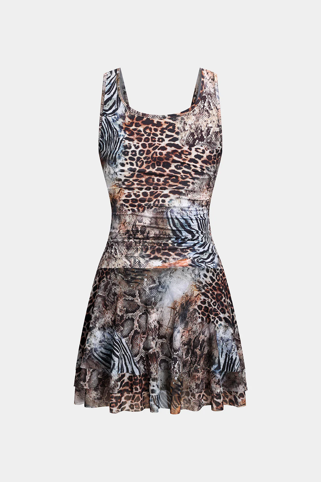 Mesh Leopard Print V-Neck Ruched Sleeveless Mini Dress - Flockneti