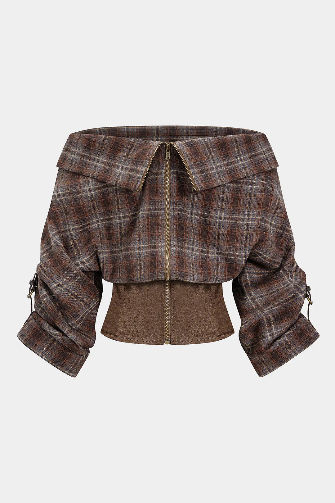 Plaid Print Satin Patchwork Off Shoulder Zipper Long-Sleeve Shirt - Flockneti