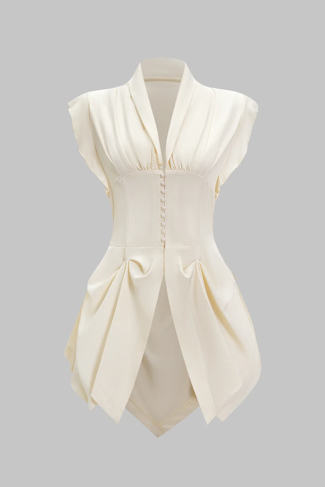 V-Neck Ruched Flutter Sleeve Button Corset Waist Tie-Back Shirt - Flockneti