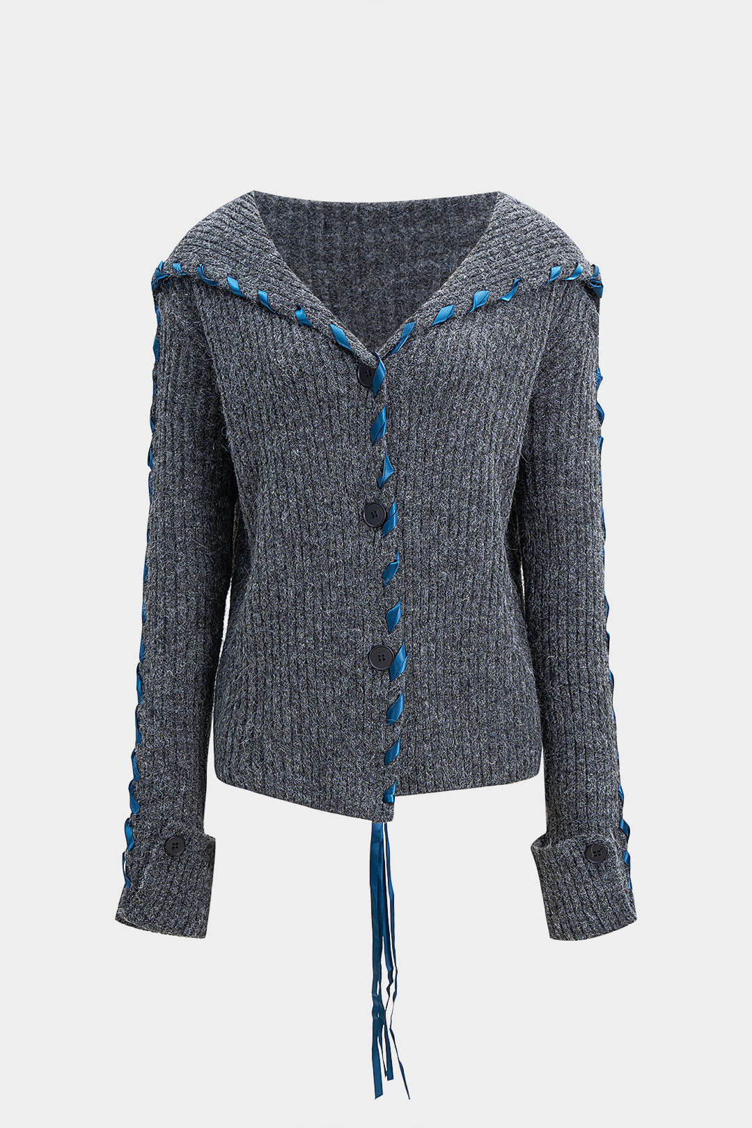 Knit Drawstring Ribbed Cardigan - Flockneti
