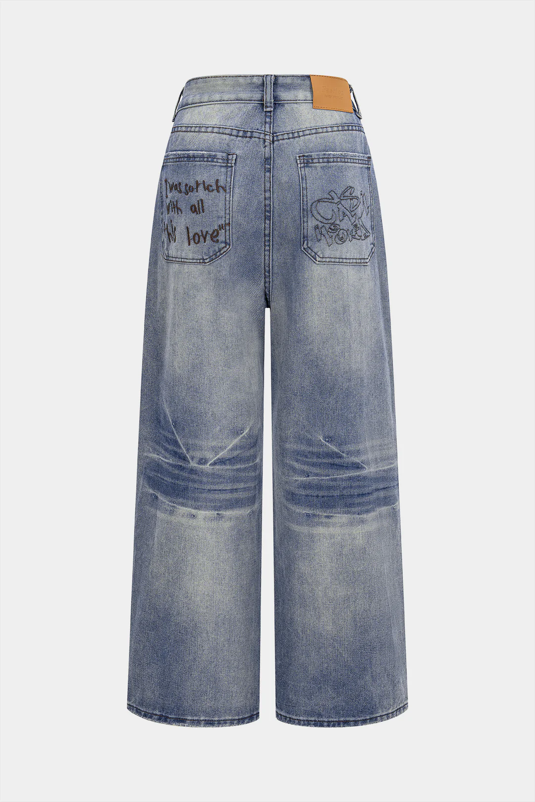 Denim Ripped Letter Seamdetail Straight Leg Jeans - Flockneti