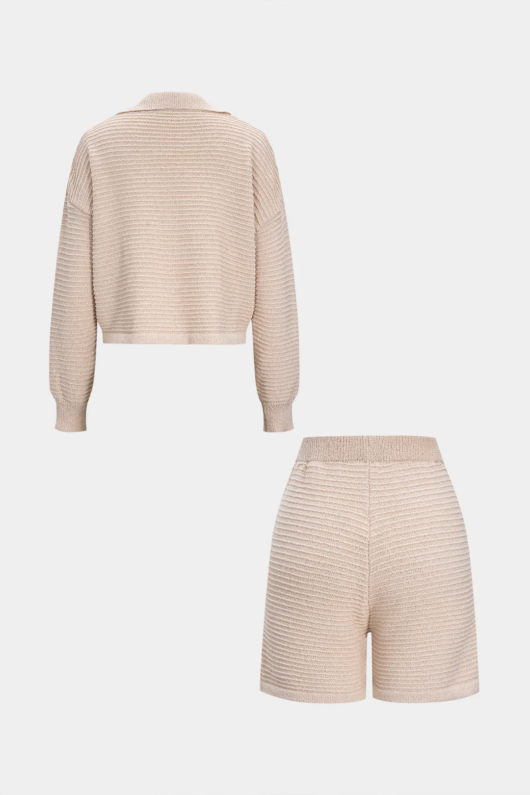 Knit Texture Long-Sleeve Top And Pocket Shorts Set - Flockneti