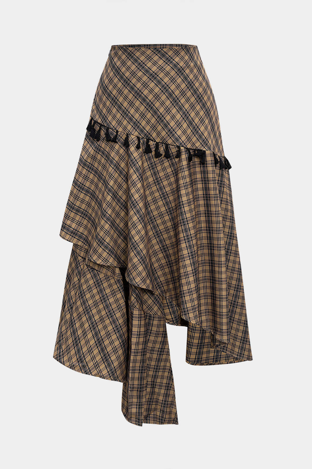 Plaid Print Tassel Asymmetrical Skirt - Flockneti