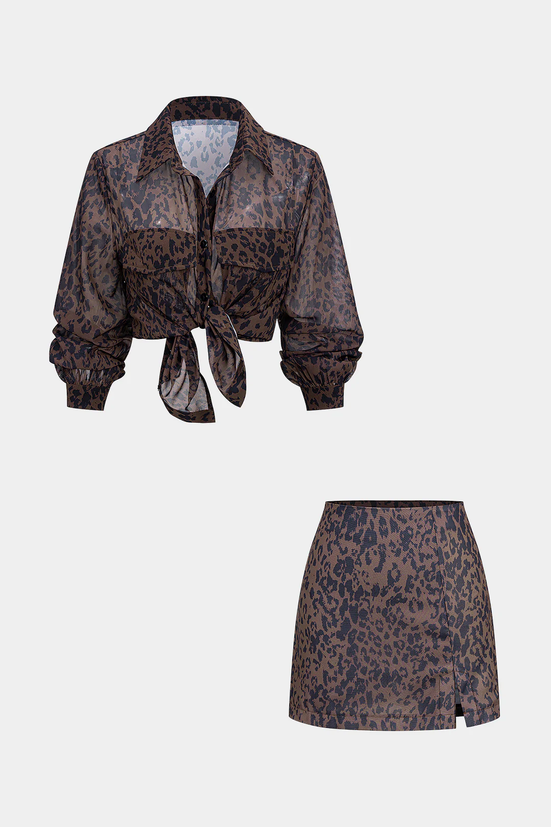 Chiffon Leopard Print Lapel Long Sleeve Shirt And High Waist Split Skirt Set - Flockneti