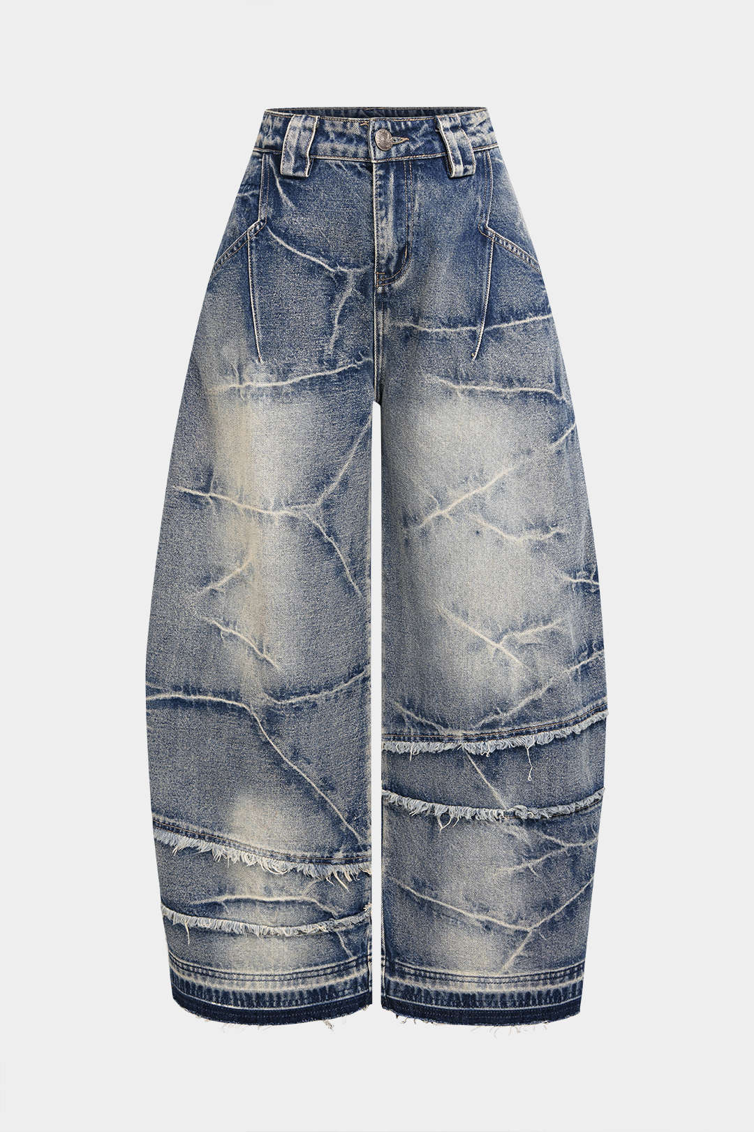 Denim Asymmetrical Frayed Wide Leg Jeans - Flockneti