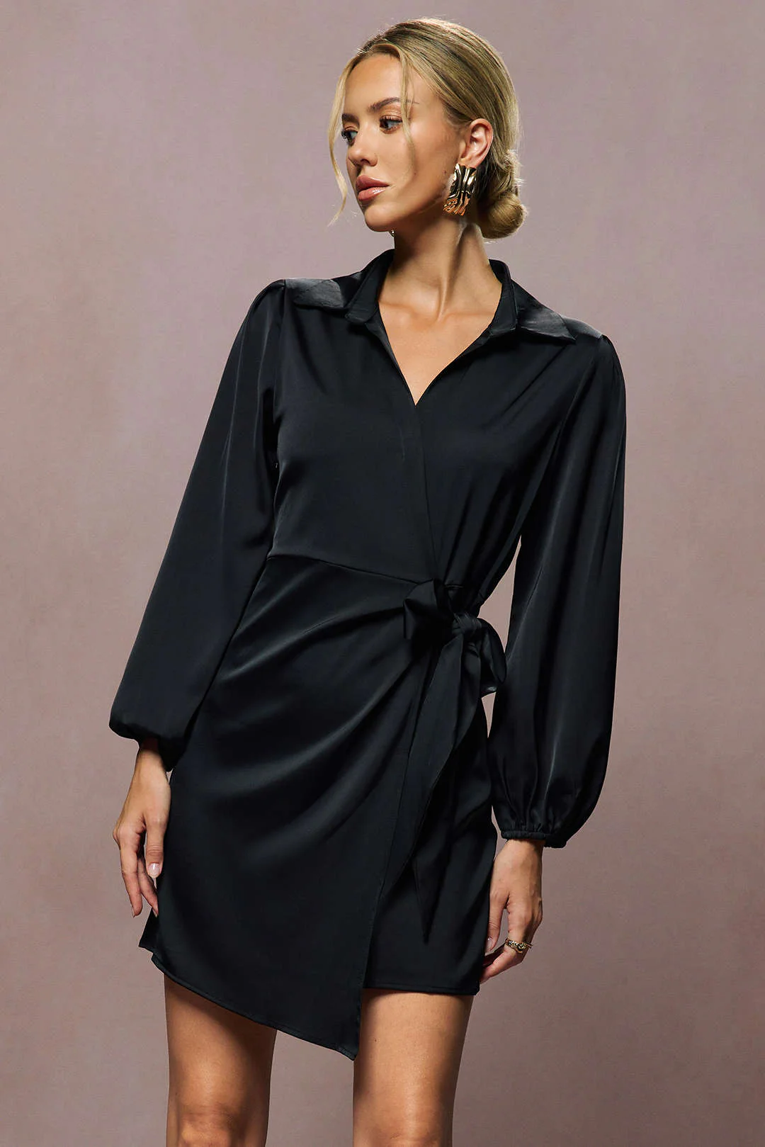 Satin Tie Front V-Neck Long Sleeve Mini Dress - Flockneti